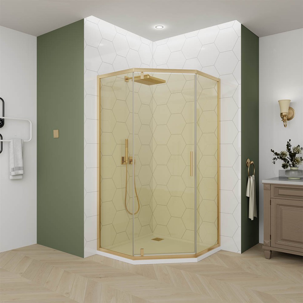Душевой угол Veconi Ottimo P10 G, 800x800x1900, золото брашинг, стекло янтарное