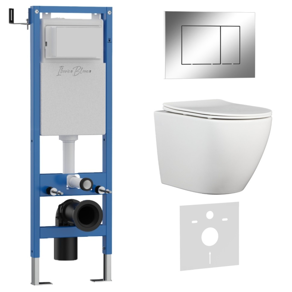 Комплект 3в1 IBERICA BLANCA инсталляция SILENCIO MINI, унитаз BILBAO ALTO белый, кнопка смыва ESTI-S хром глянцевый (IB.001M.BLA.234.852)