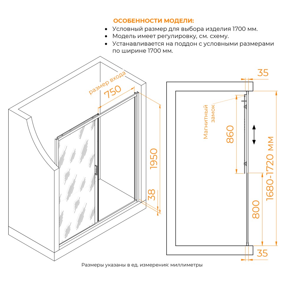 Душевая дверь RGW PA-14Gb (Волна, 1700мм)
