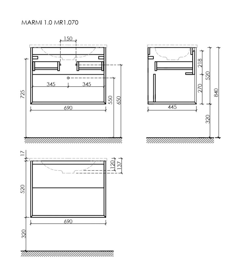 Тумба подвесная SANCOS Marmi 1.0 690х445х520 c одним ящиком оснащенным доводчиками скрытого монтажа и открытой нишей, дуб галифакс натуральный, арт. MR1.070EG