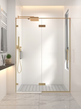 Душевая дверь распашная Veconi Premium Alassio G, 1300х2000, брашированное золото, стекло прозрачное осветленное