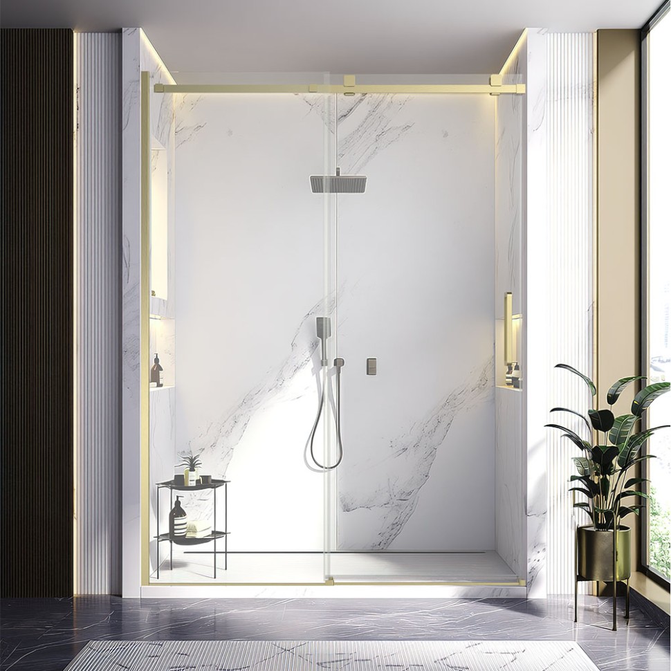 Душевая дверь Veconi Vianno VN-75G, 1800x2000, золото брашинг, стекло прозрачное