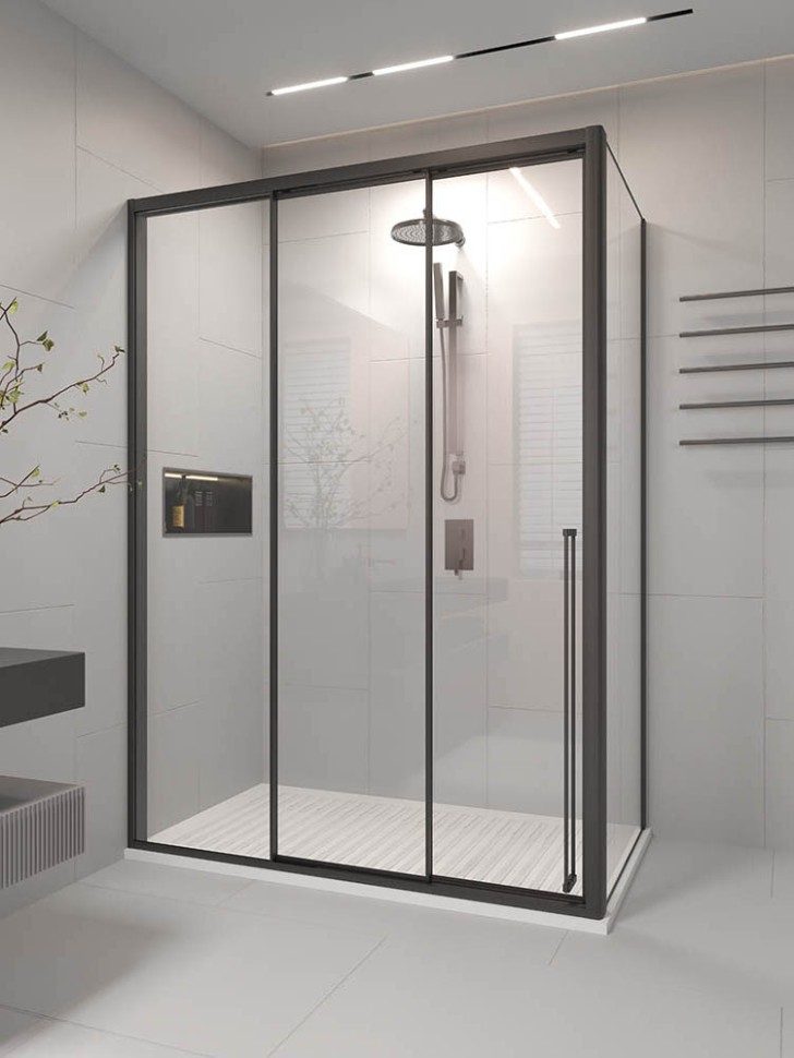 Душевой угол раздвижной Veconi Premium Prato 300 SP B-L, 1300х1000x2000, черный матовый, стекло прозрачное