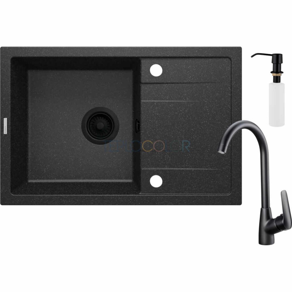 Гранитная мойка со смесителем, 1-чаша с осушкой - с дозатором