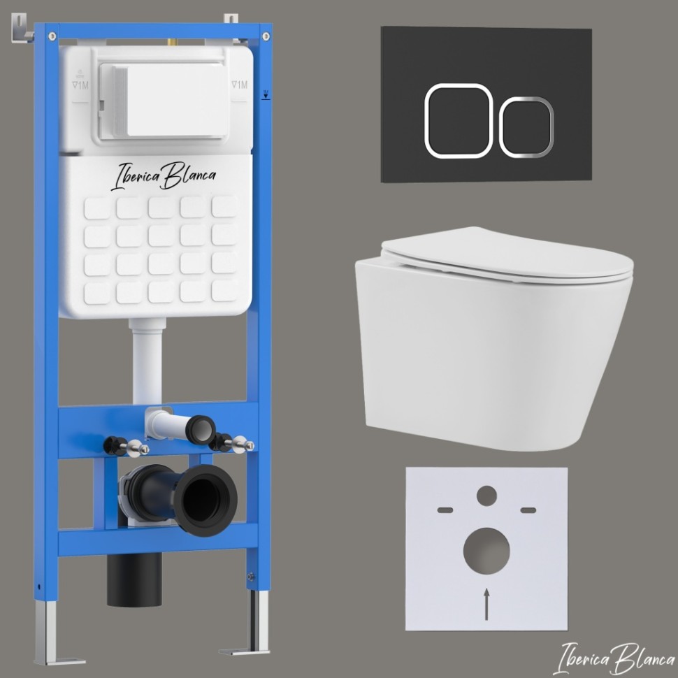 Комплект 3в1 IBERICA BLANCA инсталляция SILENCIO, унитаз BURGOS ALTO белый, кнопка смыва ESTI-Q черный матовый (IB001.BRA.231.832)