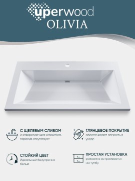 Раковина для ванной 70 см, Uperwood Olivia, с щелевым сливом, белая глянцевая