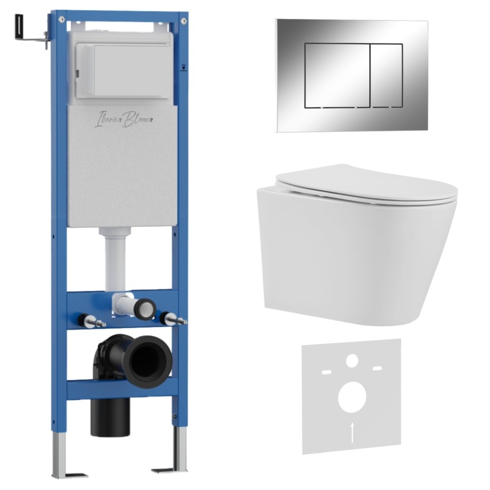 Комплект 3в1 IBERICA BLANCA инсталляция SILENCIO MINI, унитаз BURGOS ALTO белый, кнопка смыва ESTI-S хром глянцевый (IB.001M.BRA.231.852)