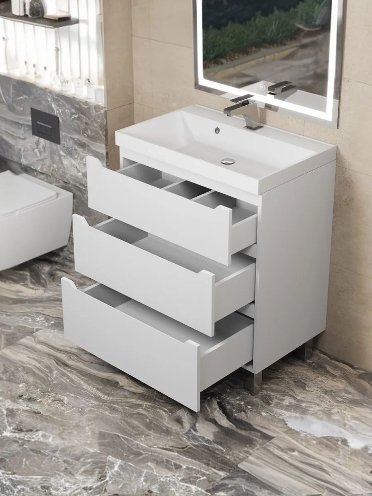 Тумба под раковину 60 см, Uperwood Tanos, напольная, белая, 3 ящика