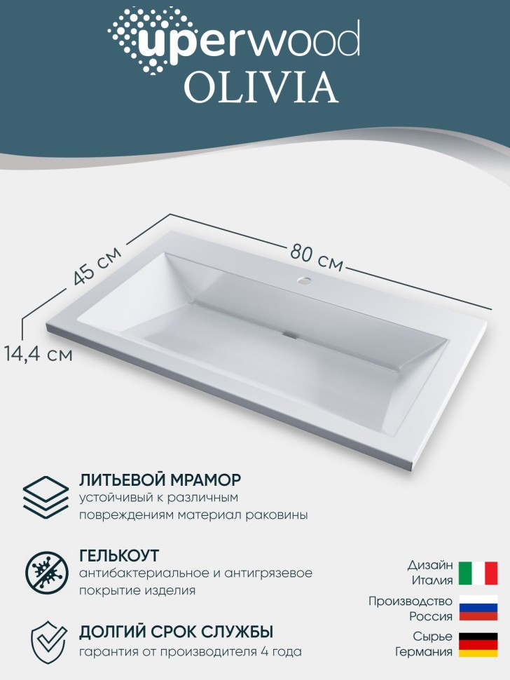 Раковина для ванной 80 см, Uperwood Olivia, с щелевым сливом, белая глянцевая