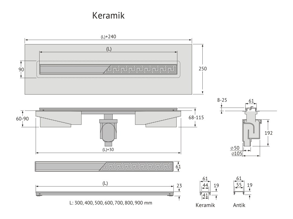 Желоб BERGES водосток В1 Keramik 900, матовый хром, S-сифон D50/105 H50 вертикальный