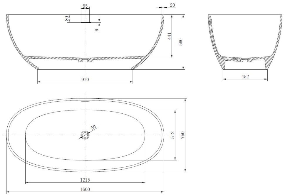 Ванна из искусственного камня Vincea VBT-4S06-1600MW, 1600*750*560, белый мат., слив-перелив в комплекте