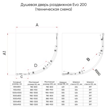 Душевой угол Veconi Evo 200 B, 1200х800x1950, черный матовый, прозрачное стекло
