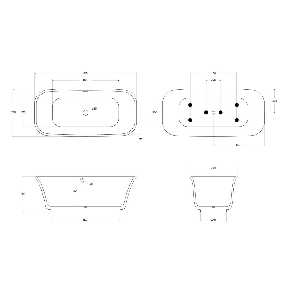 Акриловая ванна BELBAGNO DUE BB702-1700-800-K