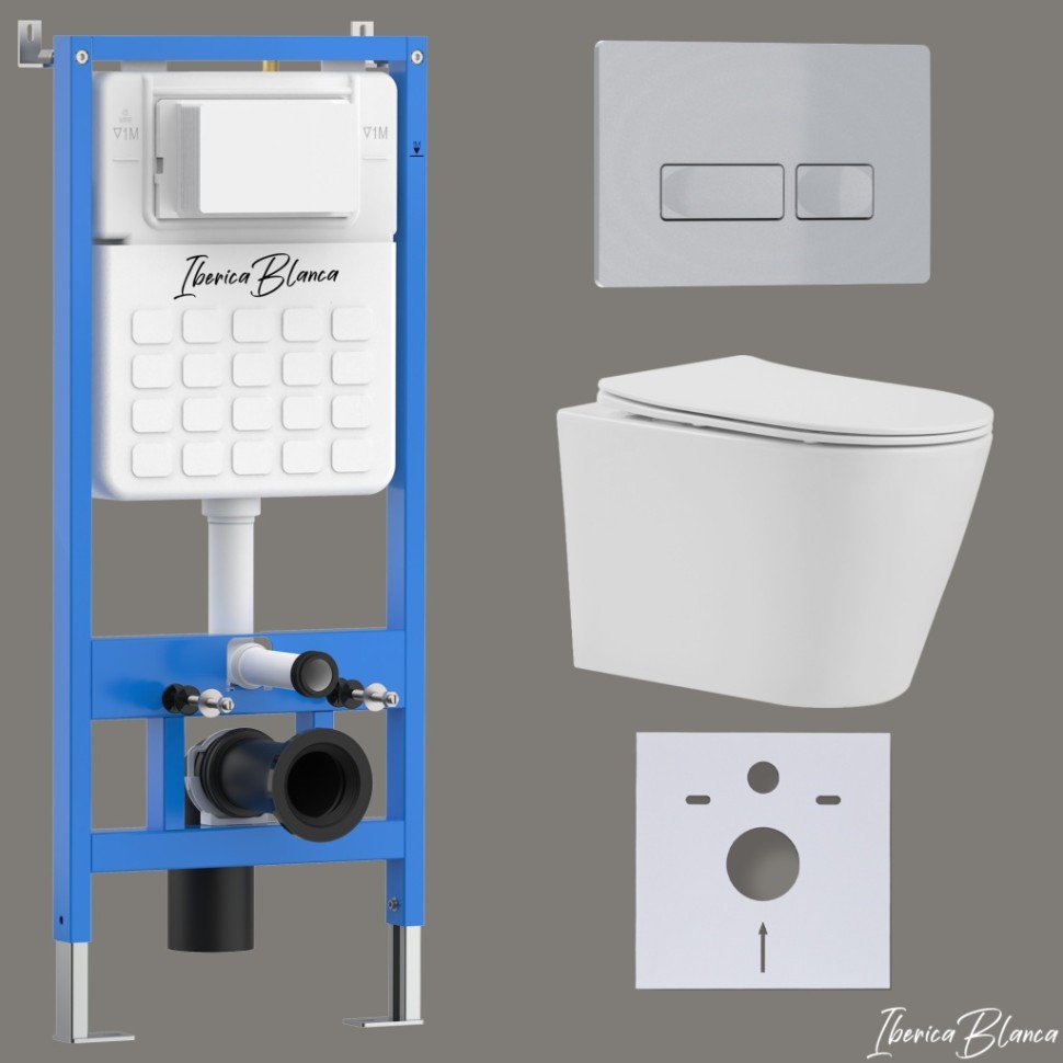 Комплект 3в1 IBERICA BLANCA инсталляция SILENCIO, унитаз BURGOS ALTO белый, кнопка смыва ESTI-R хром матовый (IB001.BRA.231.214)
