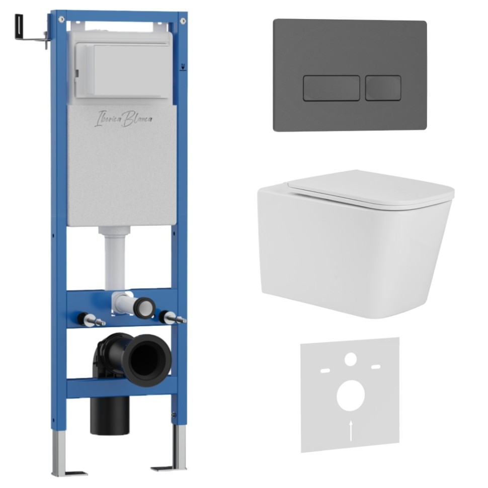 Комплект 3в1 IBERICA BLANCA инсталляция SILENCIO MINI, унитаз TOLEDO ALTO белый, кнопка смыва ESTI-R серый матовый (IB.001M.TLA.231.218)