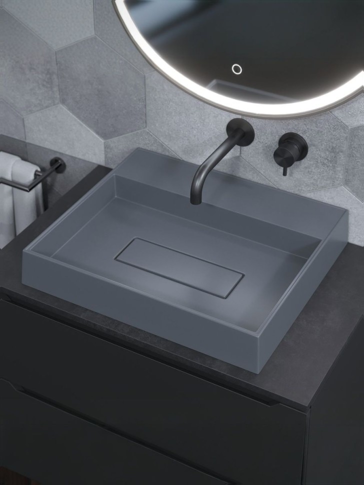 Раковина накладная прямоугольная, Uperwood Tanos Quartz 50 см, без отверстия для смесителя, серая, бетон