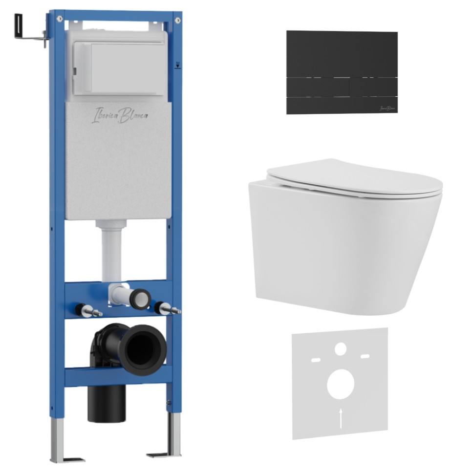 Комплект 3в1 IBERICA BLANCA инсталляция SILENCIO MINI, унитаз BURGOS ALTO белый, кнопка смыва INOX-S черный матовый (IB.001M.BRA.234.1604)
