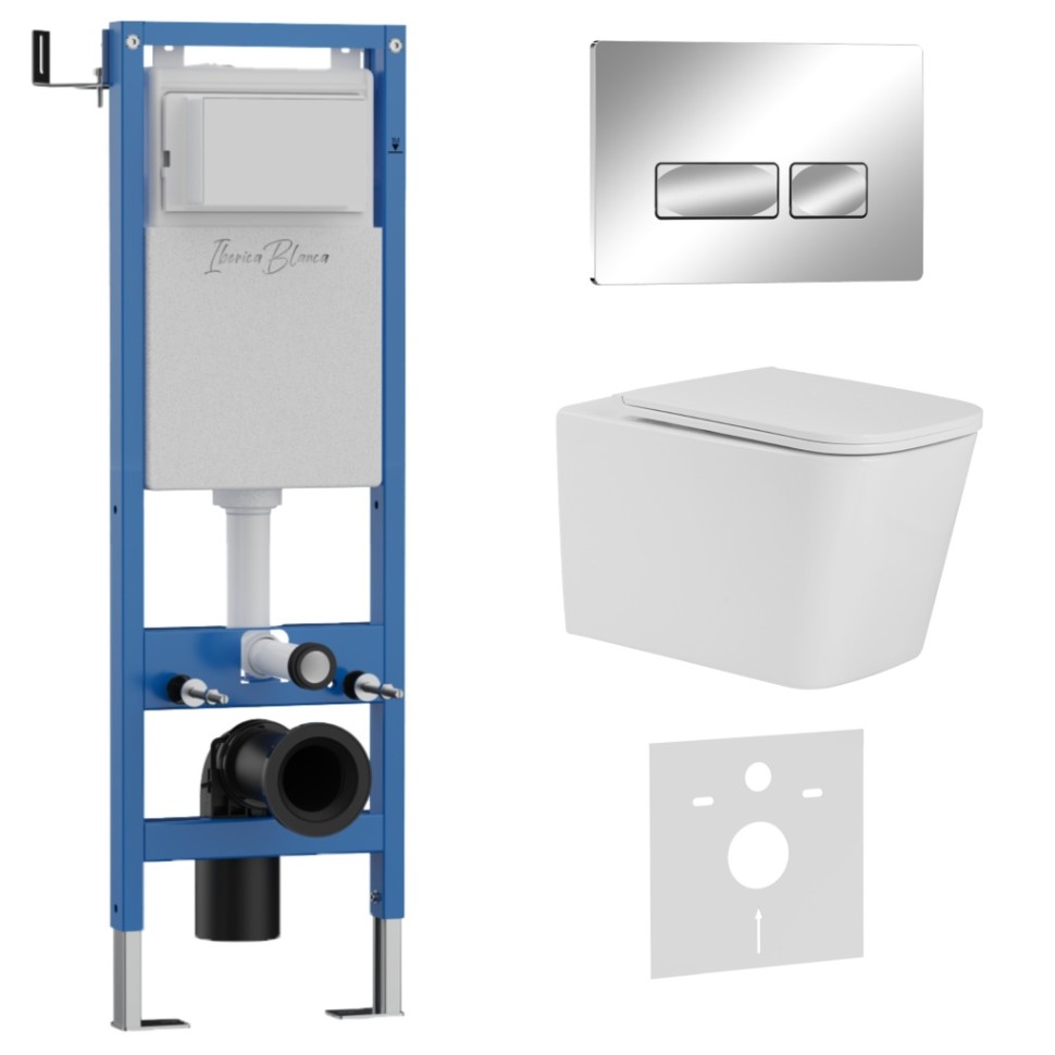 Комплект 3в1 IBERICA BLANCA инсталляция SILENCIO MINI, унитаз TOLEDO ALTO белый, кнопка смыва ESTI-R хром глянцевый (IB.001M.TLA.231.213)