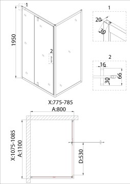 Душевое ограждение Niagara Nova NG-83-11AB-A80B (110х80х195) прямоугольник,черный,дверь распашная,стекло прозрачное,2 места
