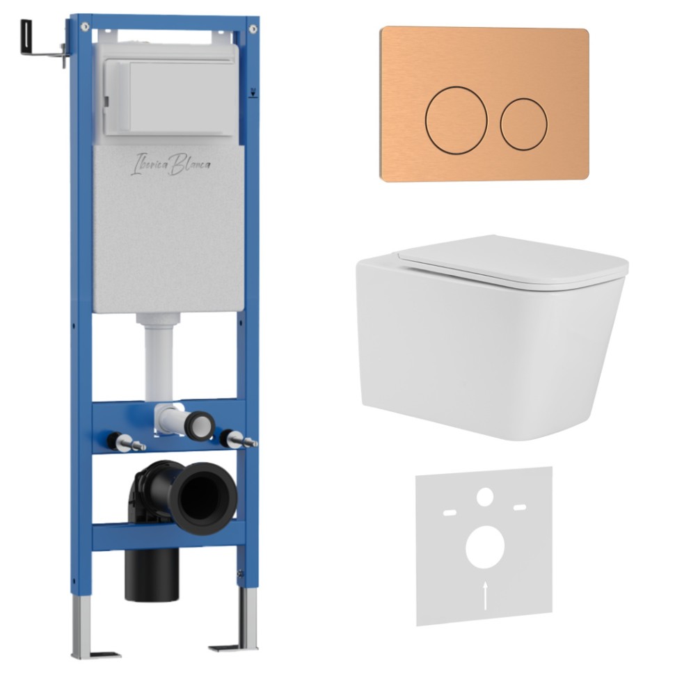 Комплект 3в1 IBERICA BLANCA инсталляция SILENCIO MINI, унитаз TOLEDO ALTO белый, кнопка смыва INOX-О розовое золото матовое (IB.001M.TLA.234.8172)