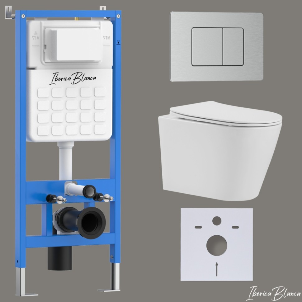 Комплект 3в1 IBERICA BLANCA инсталляция SILENCIO, унитаз BURGOS ALTO белый, кнопка смыва INOX-C хром матовый (IB001.BRA.231.1132)
