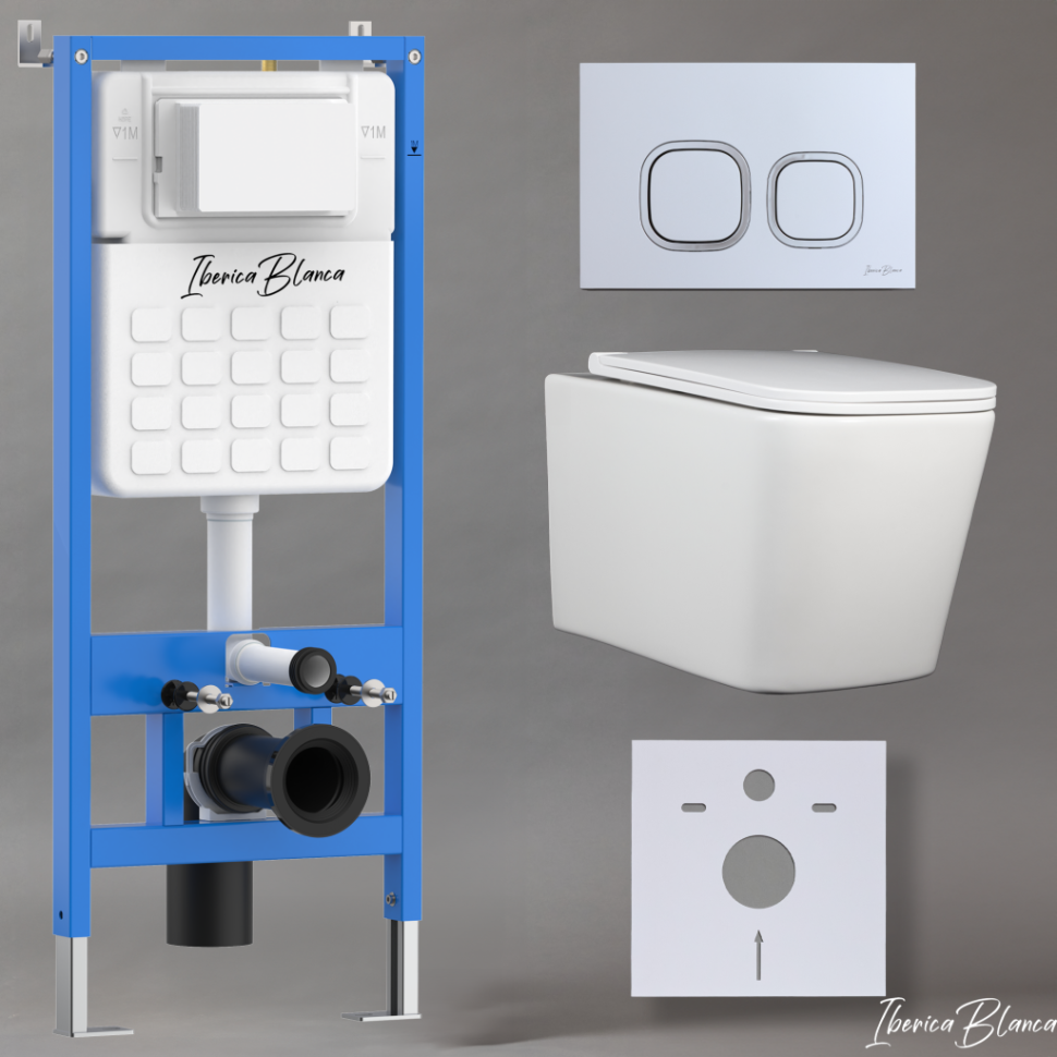 Комплект 3в1 IBERICA BLANCA инсталляция SILENCIO, унитаз TOLEDO ALTO белый, кнопка смыва ESTI-Q хром матовый (IB001.TLA.234.834)