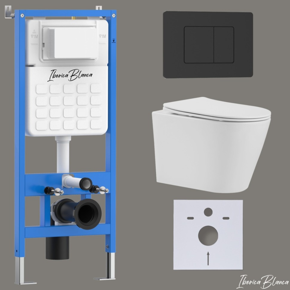 Комплект 3в1 IBERICA BLANCA инсталляция SILENCIO, унитаз BURGOS ALTO белый, кнопка смыва INOX-C черный матовый (IB001.BRA.231.112)