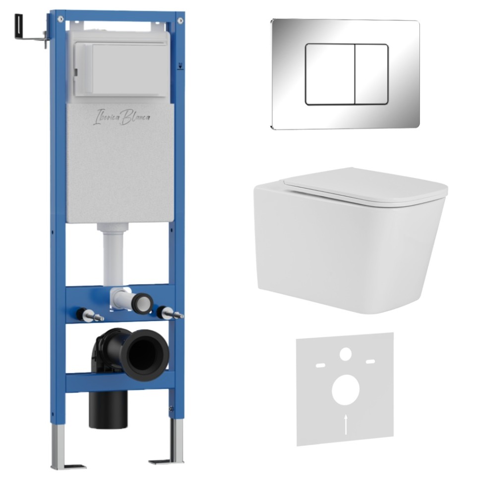 Комплект 3в1 IBERICA BLANCA инсталляция SILENCIO MINI, унитаз TOLEDO ALTO белый, кнопка смыва INOX-C хром глянцевый (IB.001M.TLA.231.1131)