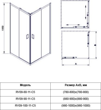 Душевой угол Veconi Rovigo RV-09, 1000x1000x1950, черный, стекло прозрачное
