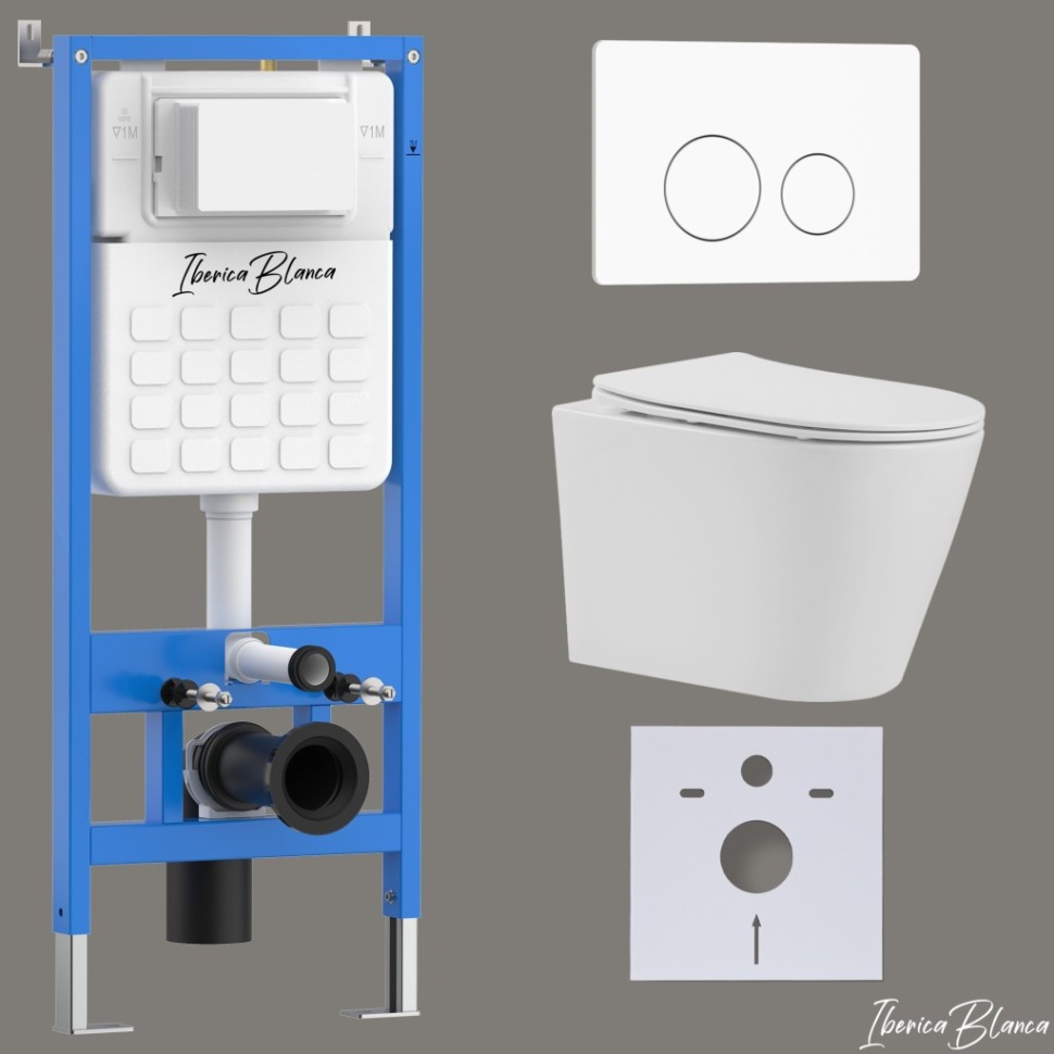 Комплект 3в1 IBERICA BLANCA инсталляция SILENCIO, унитаз BURGOS ALTO белый, кнопка смыва INOX-O белый матовый (IB001.BRA.231.811)