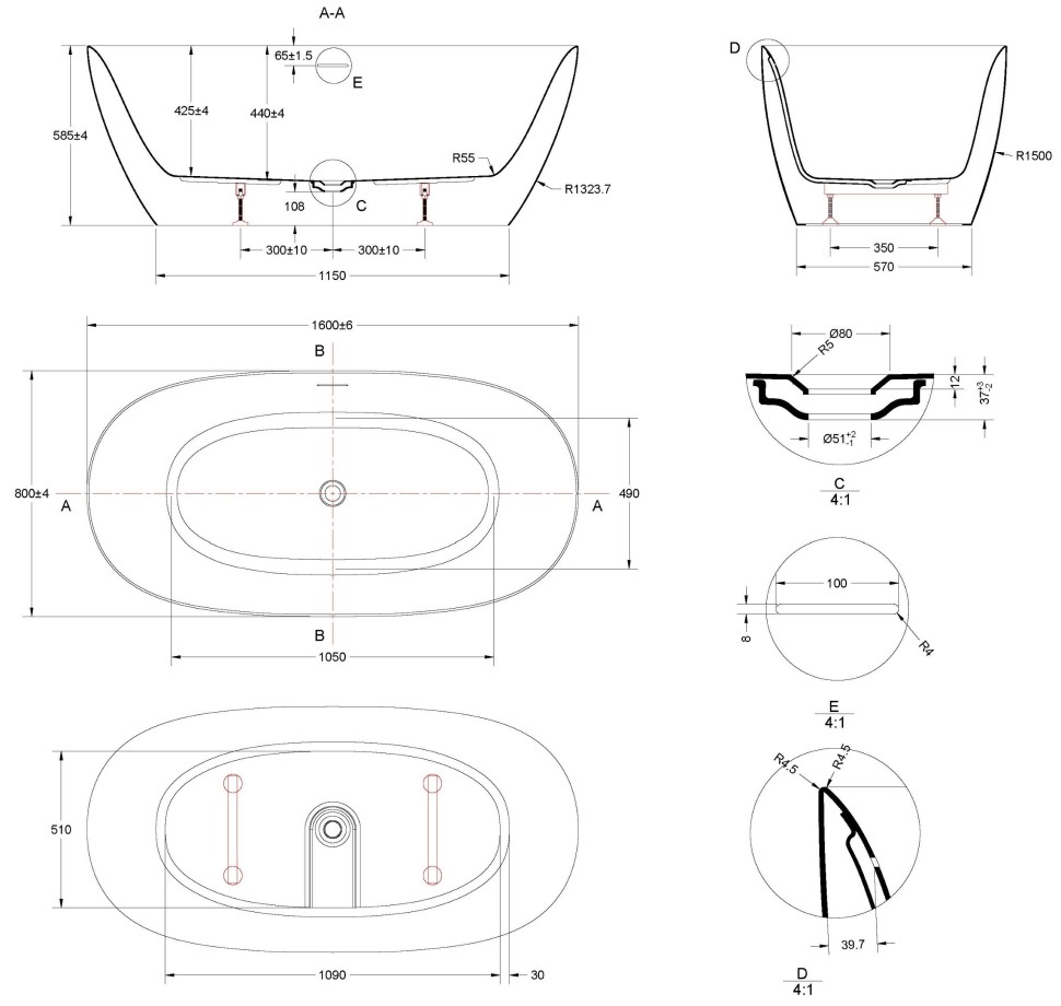 Ванна акриловая Vincea VBT-708-1600, 1600*800*585, цвет белый, щелевой перелив, слив белый