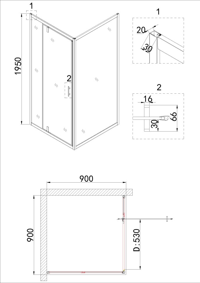 Душевое ограждение Niagara Nova NG-0290-08ВLACK (90х90х195) квадрат,черный,дверь распашная,стекло с рисунком,1 место