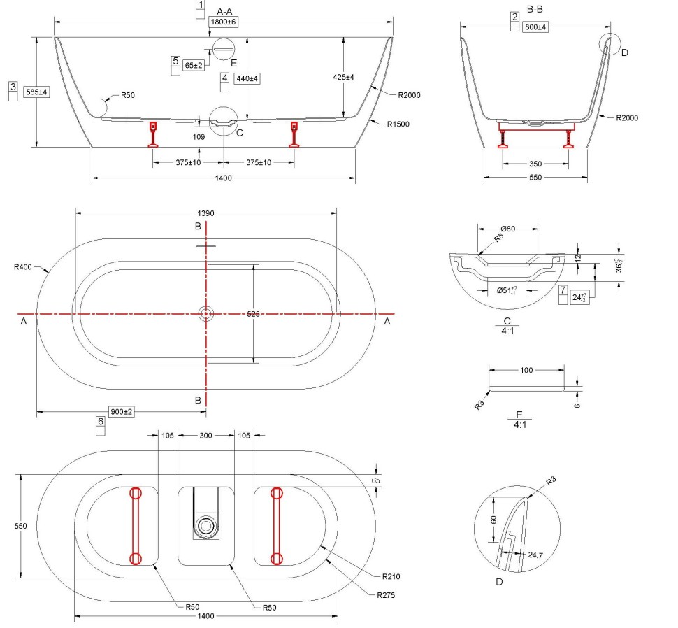 Ванна акриловая Vincea VBT-705-1800, 1800*800*585, цвет белый, щелевой перелив, слив белый