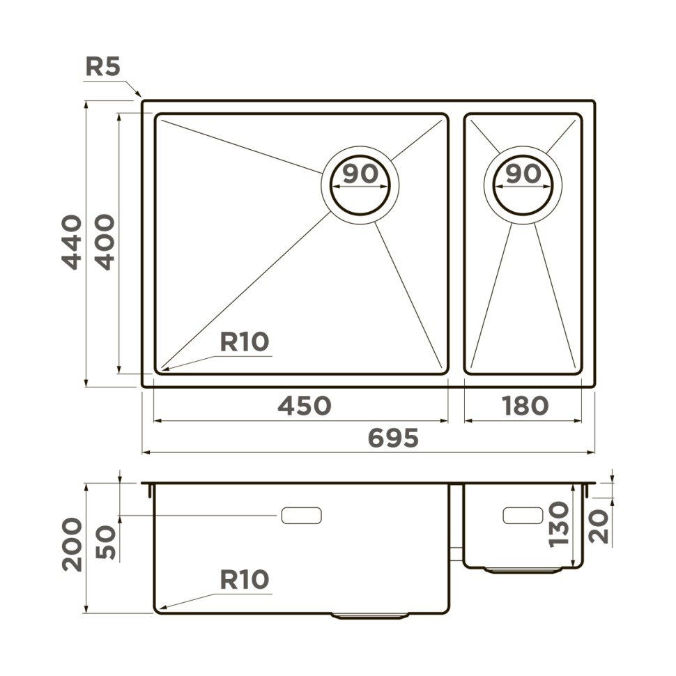 Кухонная мойка Omoikiri Taki 69-2-U/IF-R Side-IN нерж. сталь/нержавеющая сталь