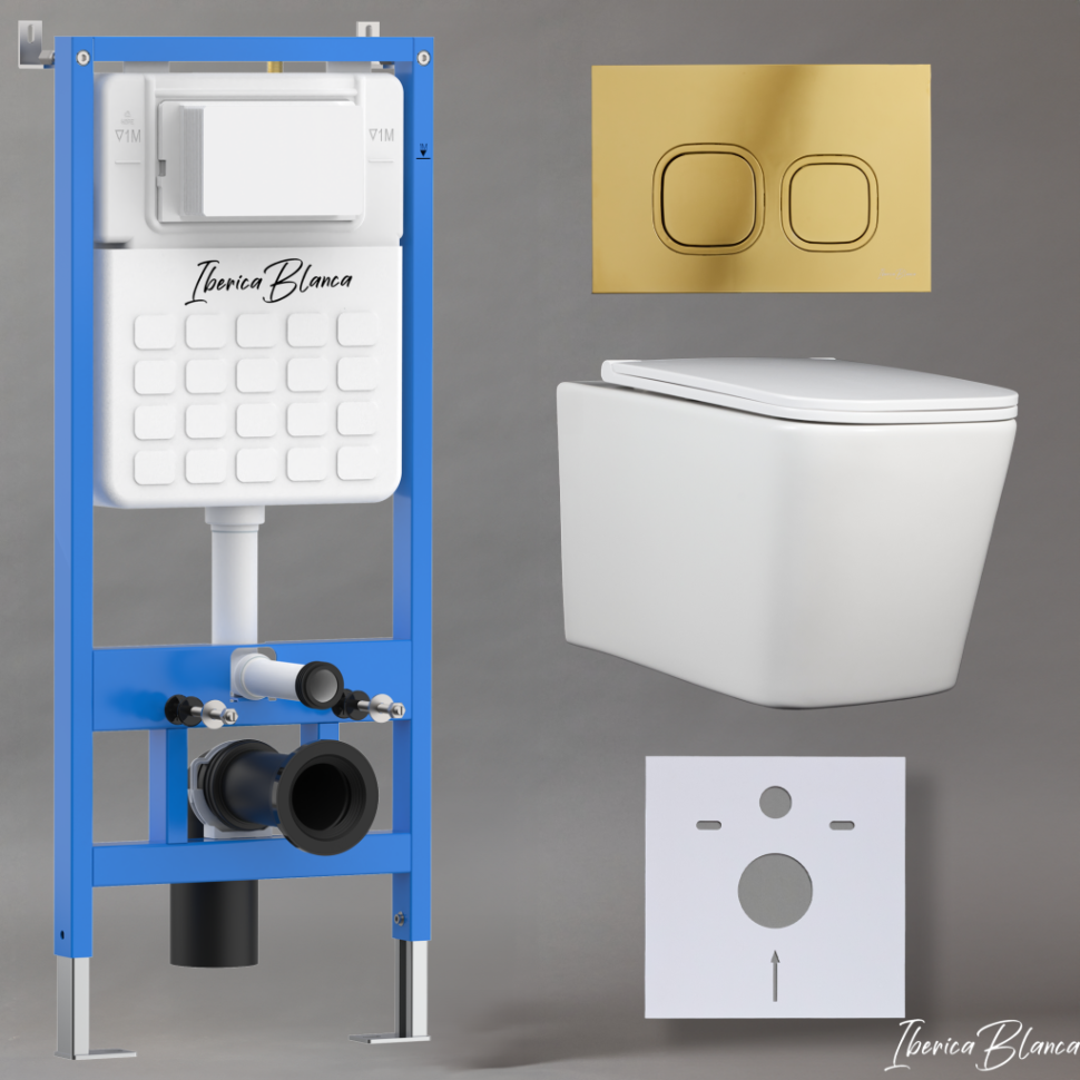 Комплект 3в1 IBERICA BLANCA инсталляция SILENCIO, унитаз TOLEDO ALTO белый, кнопка смыва ESTI-Q золото глянцевое (IB001.TLA.234.836)