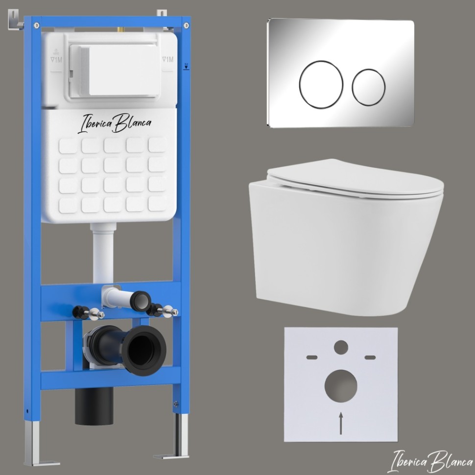 Комплект 3в1 IBERICA BLANCA инсталляция SILENCIO, унитаз BURGOS ALTO белый, кнопка смыва INOX-O хром глянцевый (IB001.BRA.231.8131)