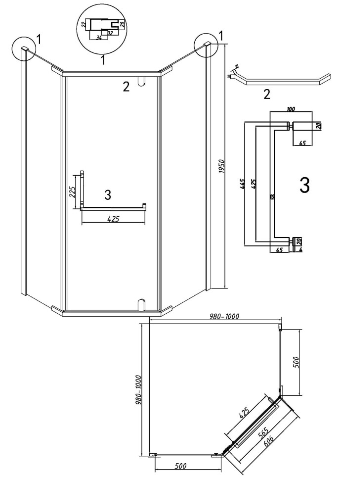 Душевое ограждение Grossman Pragma 302.K33.03.1010.42.00 (100х100х195) трапеция,распашная,графит сатин,стекло прозрачное, 1 место