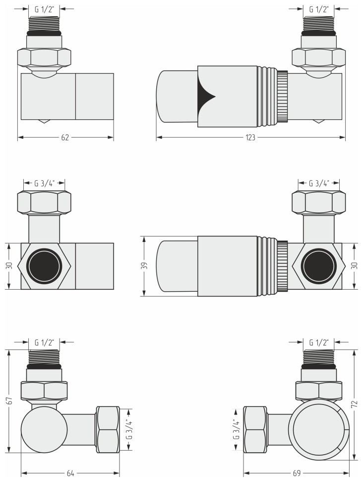 Автоматический терморегулятор 3D правый (G 1/2" НР х G 3/4" НГ)