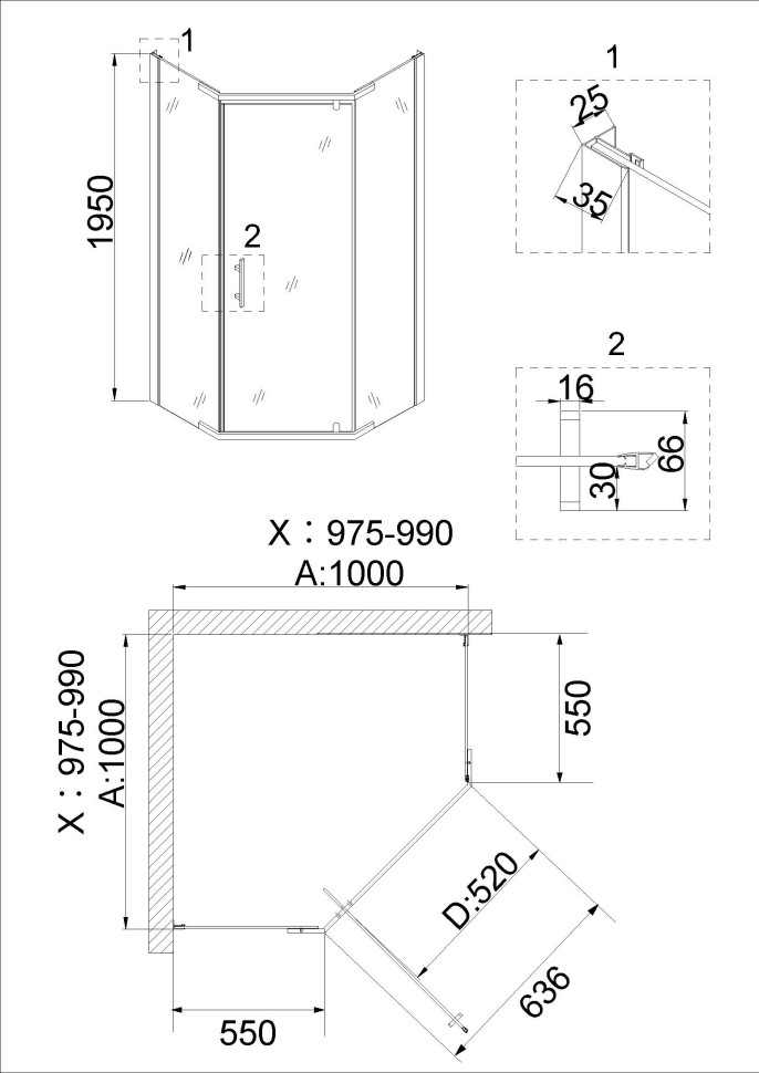 Душевое ограждение Niagara Nova NG-6434-08GOLD (100х100х195) трапеция,золото,двери распашные,стекло прозрачное,1 место