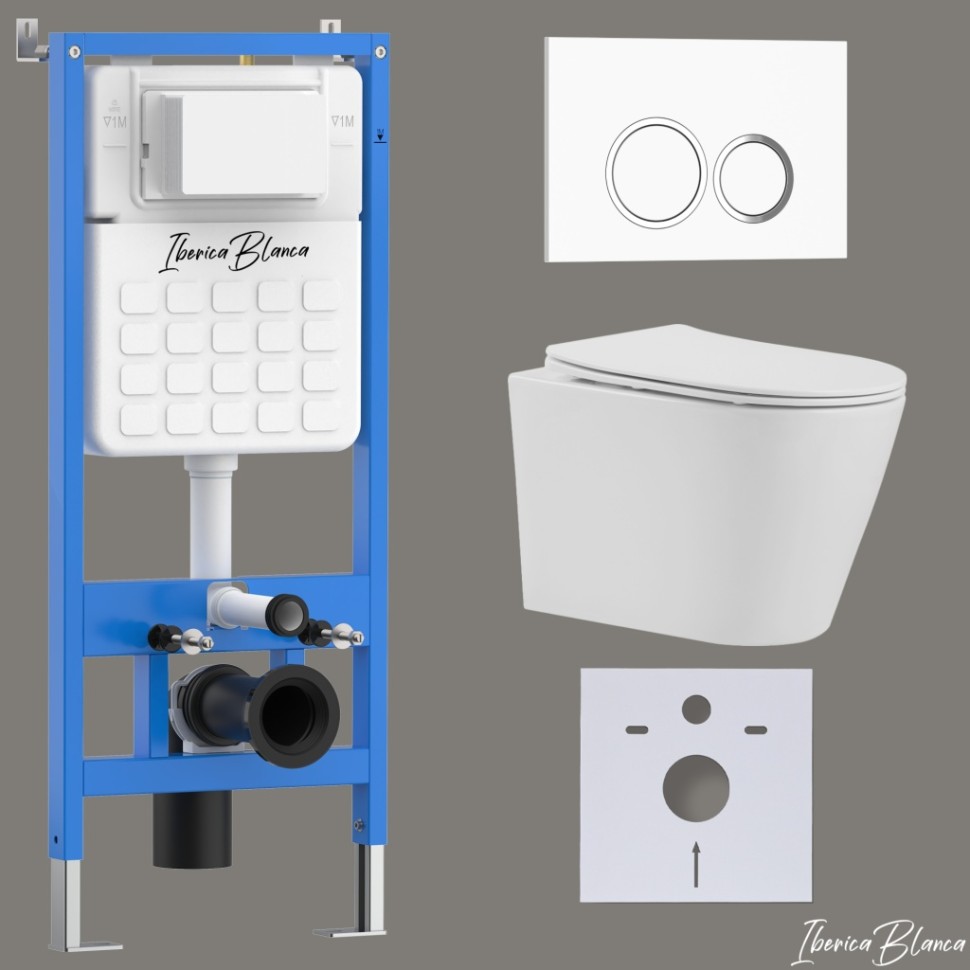 Комплект 3в1 IBERICA BLANCA инсталляция SILENCIO, унитаз BURGOS ALTO белый, кнопка смыва ESTI-O белый глянцевый (IB001.BRA.231.821)