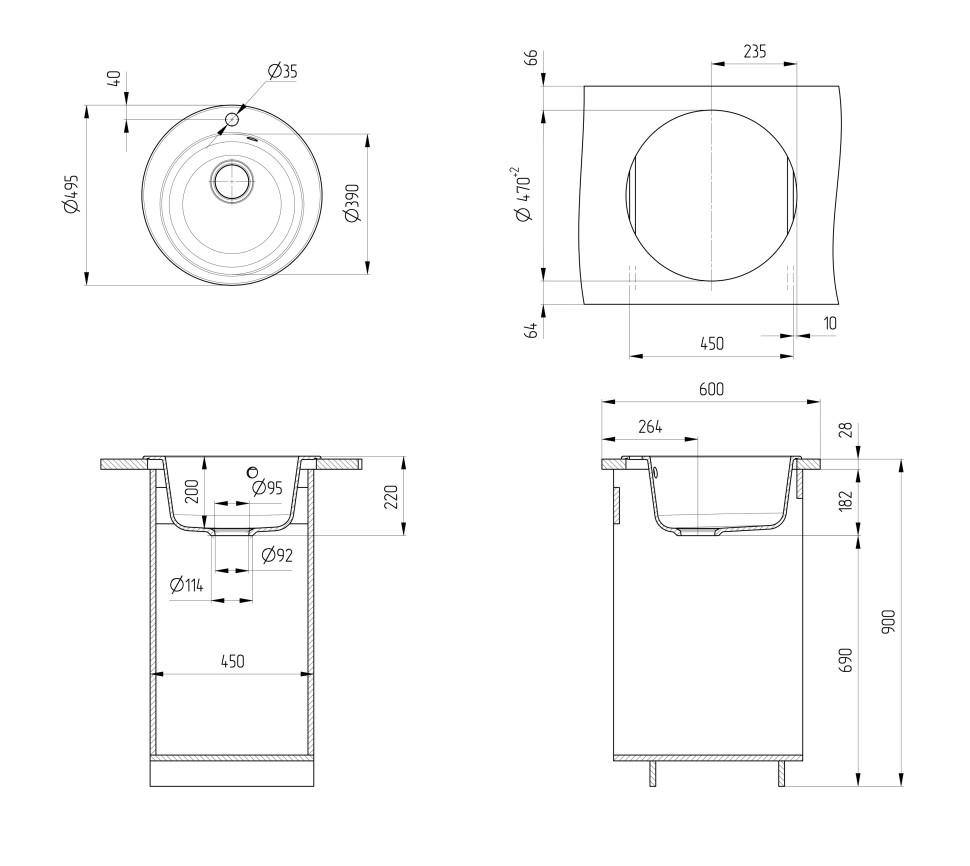 Кухонная мойка из искусственного камня Uperwood Симпл (Simple) UPD-304-308, черная
