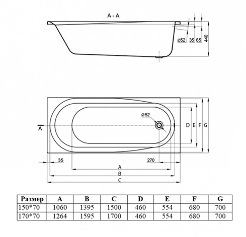 Ванна акриловая Vincea VBT-2B170-LG с ножками 1700*700*480, пристенная, цвет белый