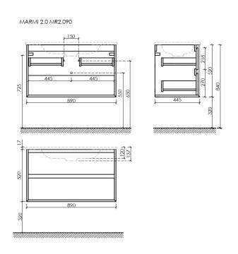 Тумба подвесная SANCOS Marmi 2.0 890х445х520 с двумя ящиками оснащенными доводчиками скрытого монтажа, дуб чарльстон, арт.MR2.090ECH