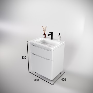Тумба напольная STYLELINE "Марелла 60" (2 ящ.) Люкс антискрейтч белый матовый, PLUS с раковиной Марелла Люкс 600х400