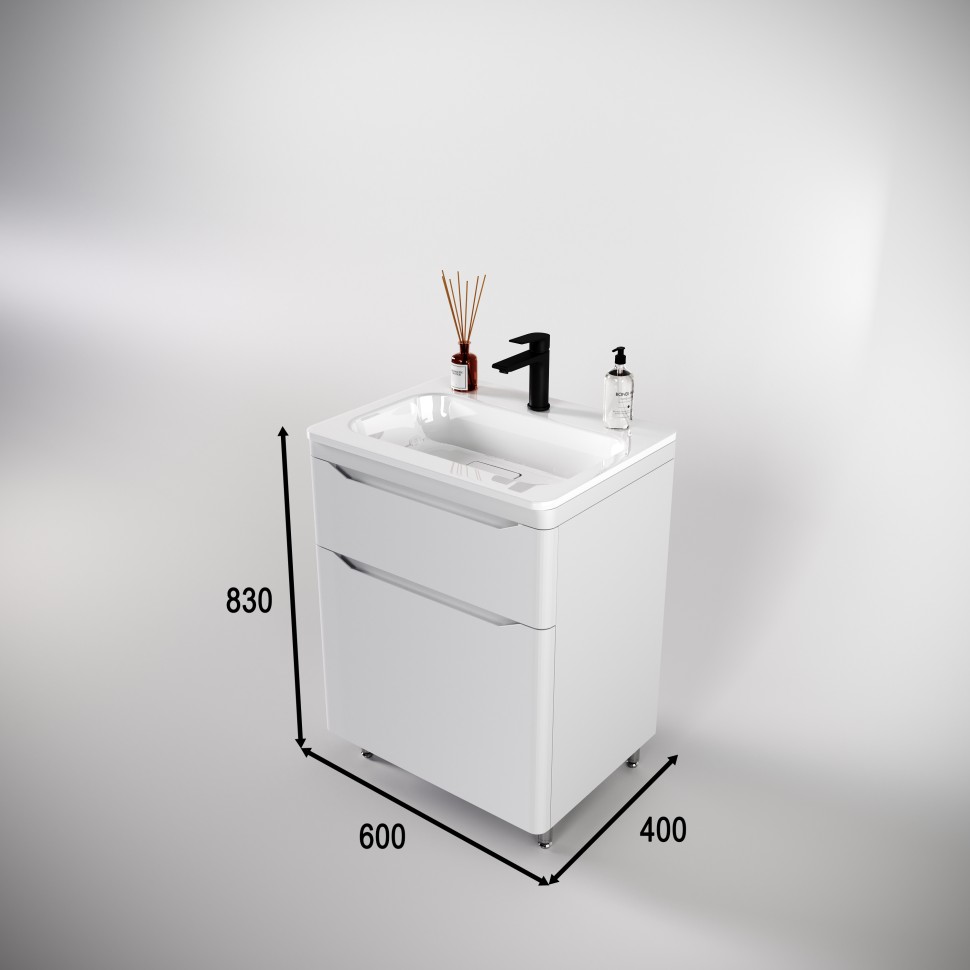 Тумба напольная STYLELINE "Марелла 60" (2 ящ.) Люкс антискрейтч белый матовый, PLUS с раковиной Марелла Люкс 600х400