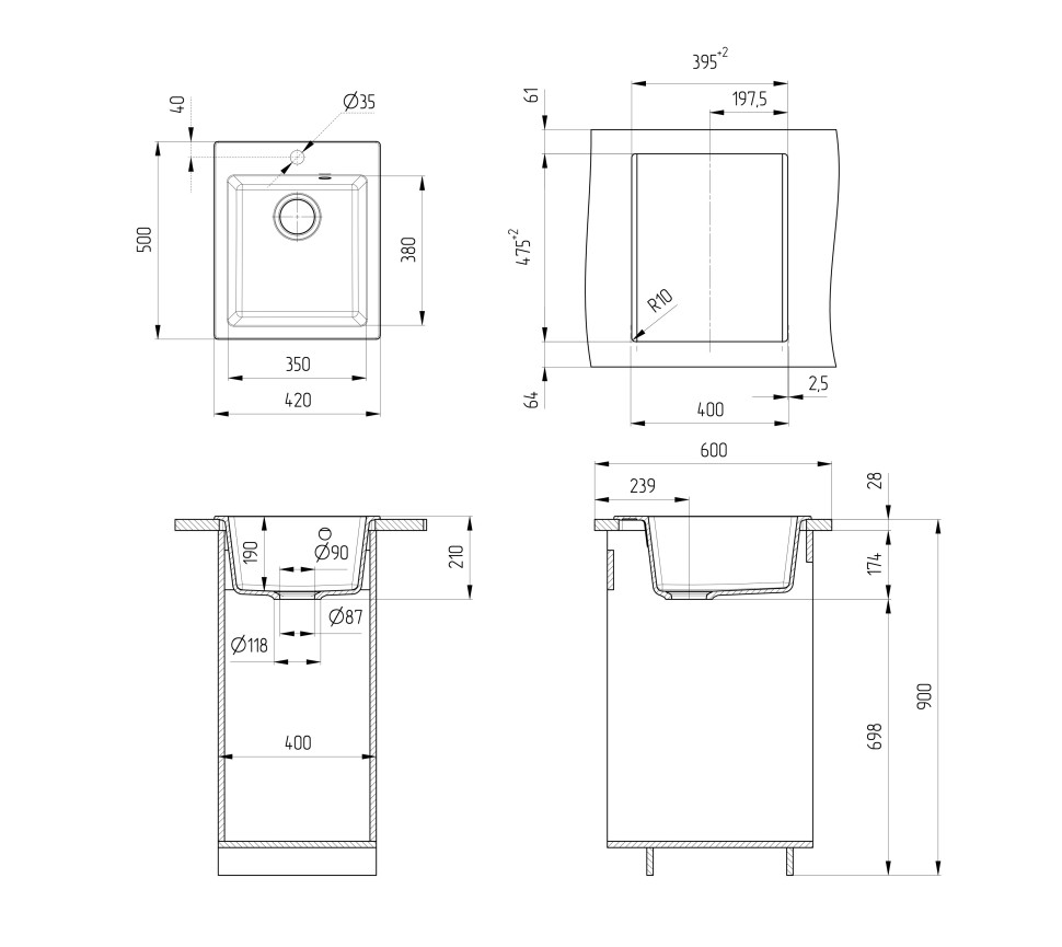 Кухонная мойка из искусственного камня Uperwood Симпл (Simple) UPD-303-344, ультра-черная