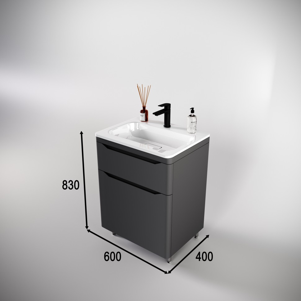 Тумба напольная STYLELINE "Марелла 60" (2 ящ.) Люкс антискрейтч серый, PLUS с раковиной Марелла Люкс 600х400