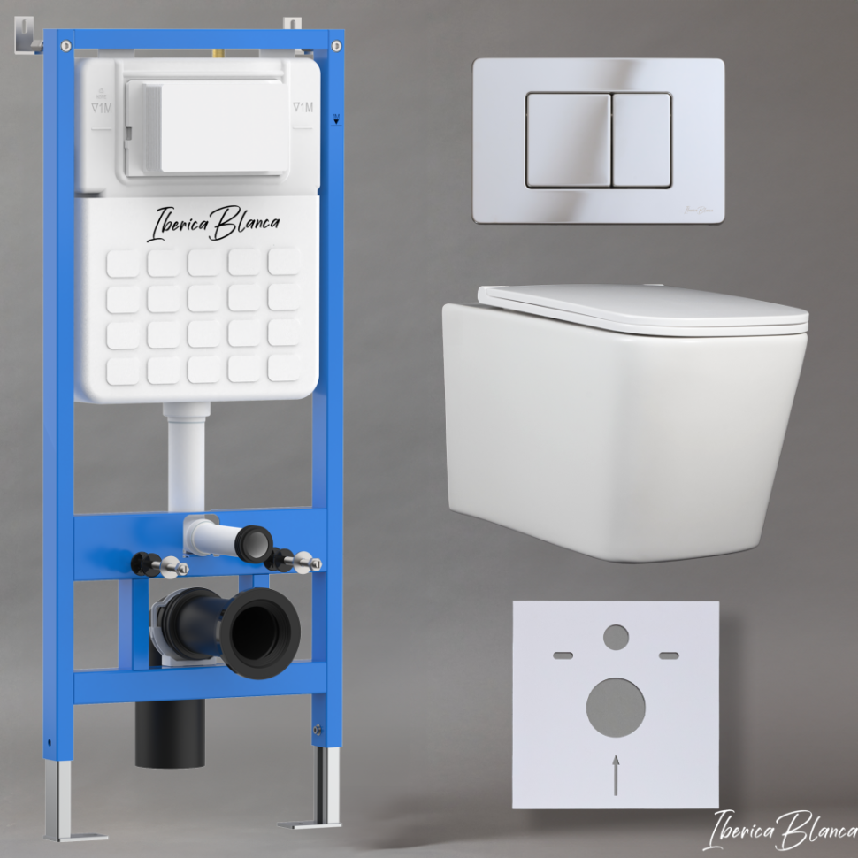 Комплект 3в1 IBERICA BLANCA инсталляция SILENCIO, унитаз TOLEDO ALTO белый, кнопка смыва INOX-C хром глянцевый (IB001.TLA.234.1131)