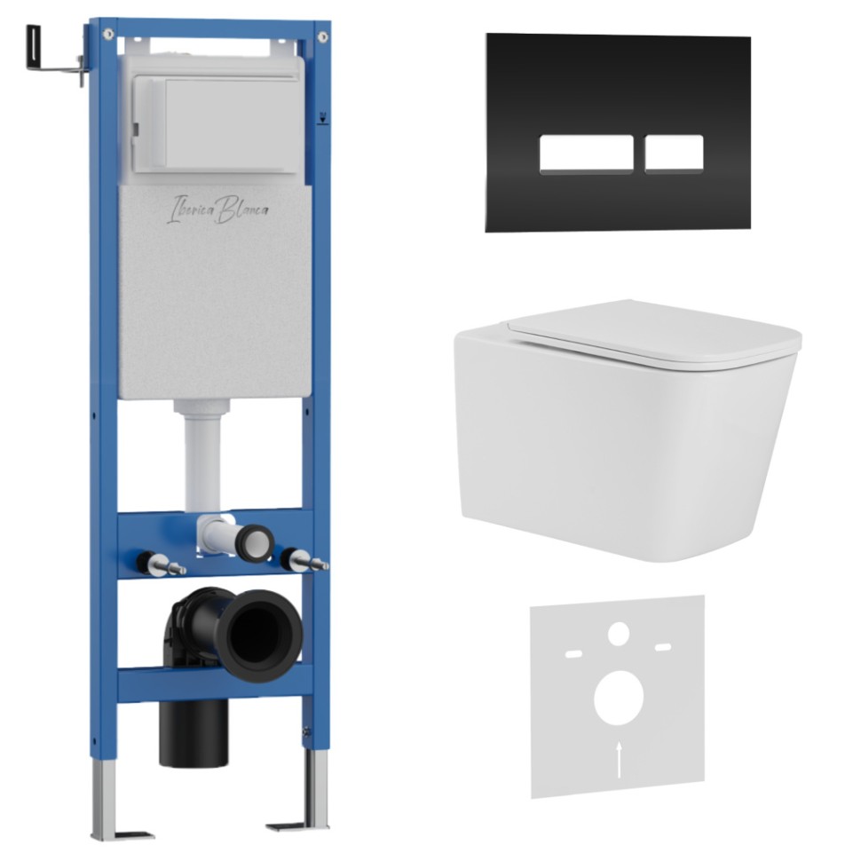 Комплект 3в1 IBERICA BLANCA инсталляция SILENCIO MINI, унитаз TOLEDO ALTO белый, кнопка смыва CRYSTAL-R черный глянцевый (IB.001M.TLA.231.2211)