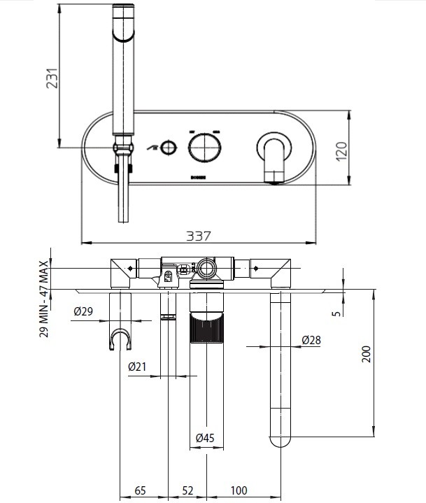 Наружная часть механического смесителя для ванны BOSSINI PLY Z00945.043 на 2 потребителя, с лейкой и шлангом, цвет Брашированное золото